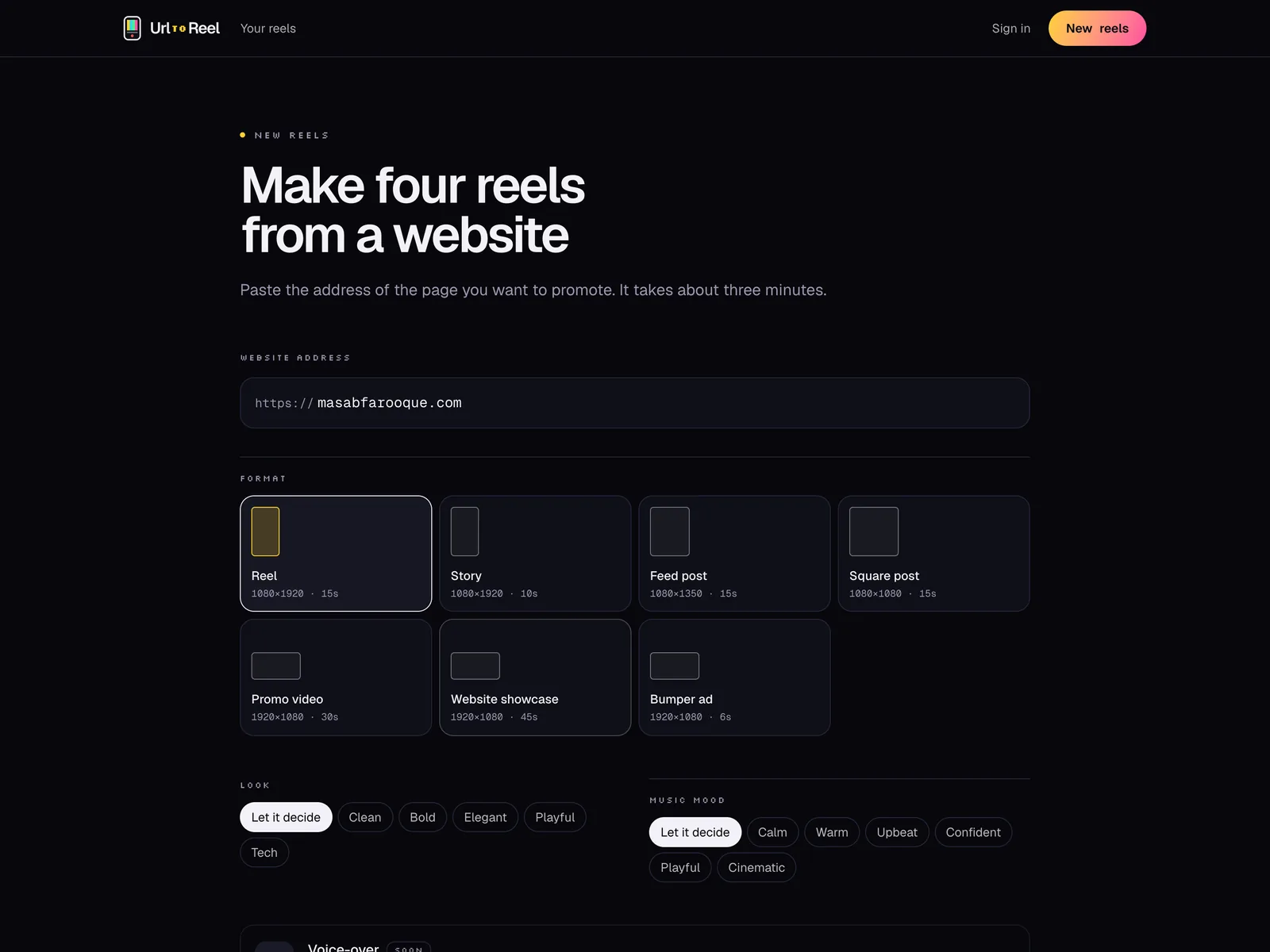 The new reels screen in UrlToReel with masabfarooque.com pasted in and the Reel size picked