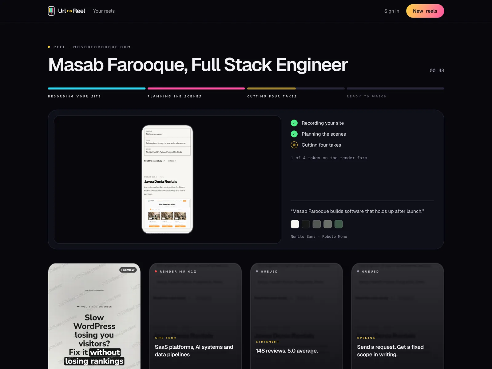 UrlToReel recording masabfarooque.com, showing the site on a phone, its colours and fonts, and four takes waiting to render
