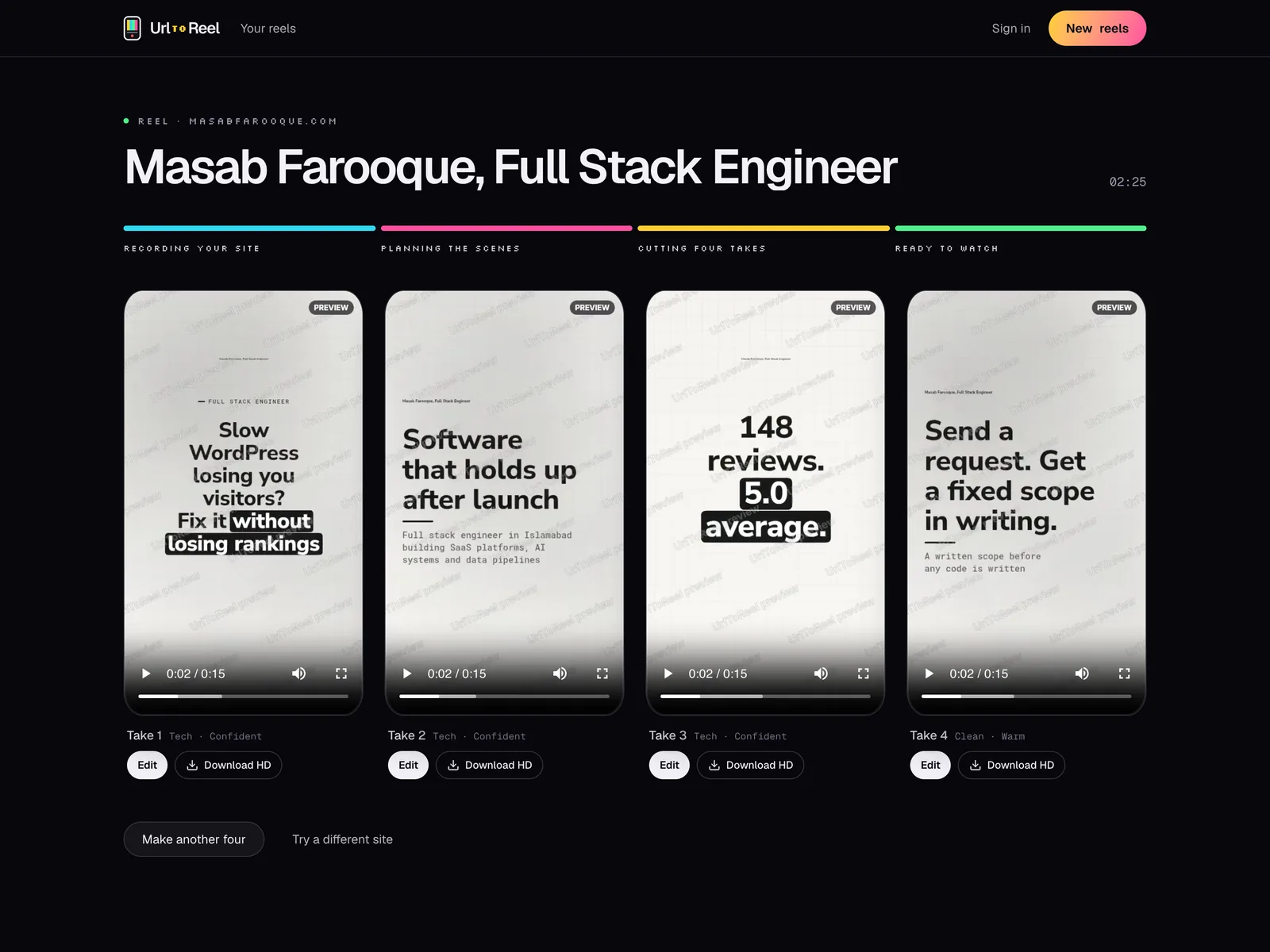 Four finished takes made from masabfarooque.com, each opening on a different line