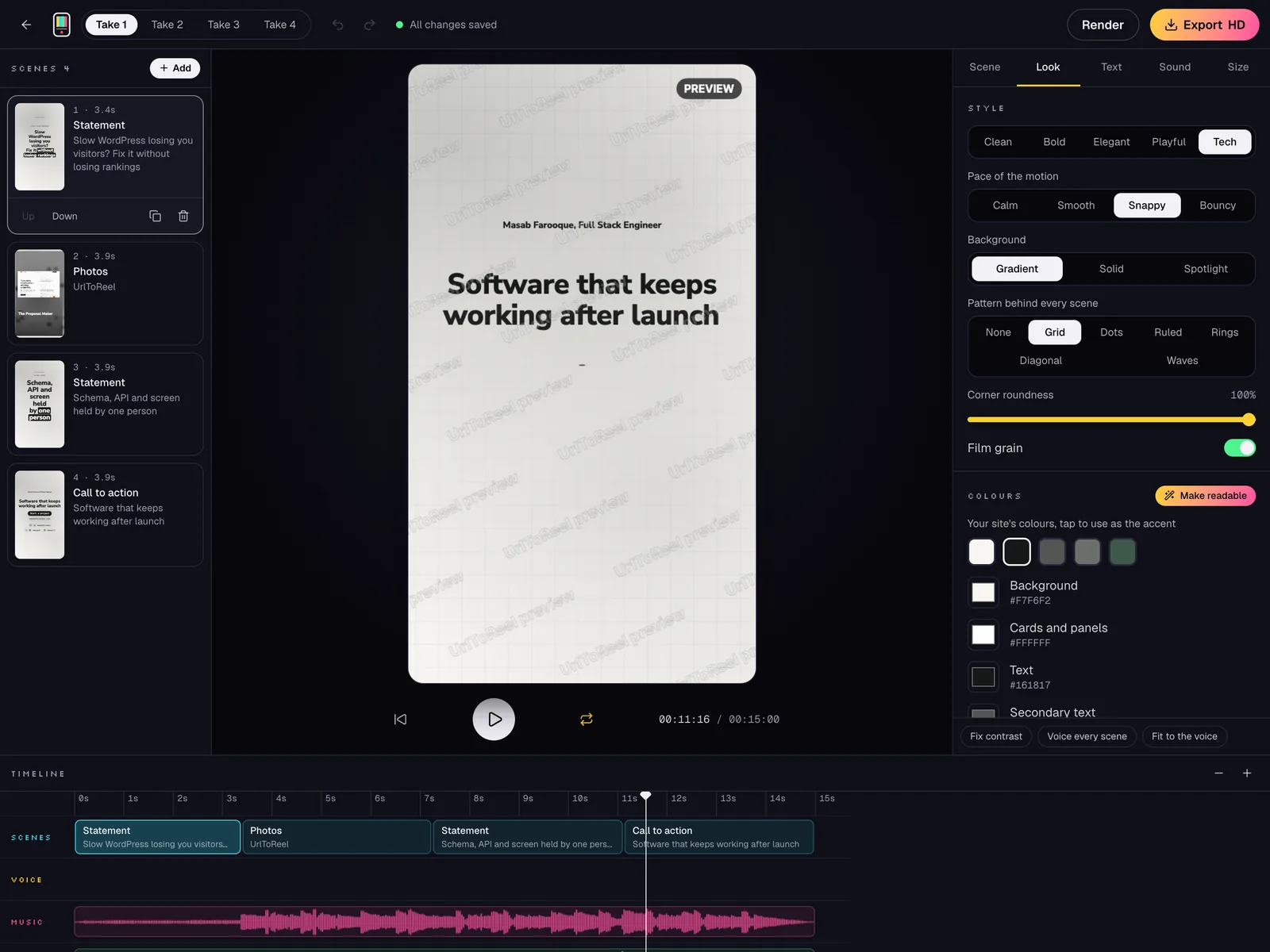 The UrlToReel editor with the scene list, the video preview, the look settings and the timeline