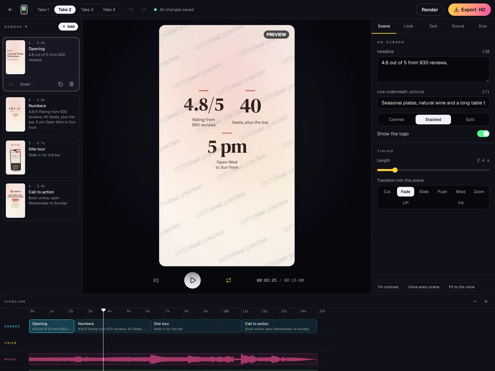 The UrlToReel editor open on a Saltbird reel, with the scene list, a preview showing a 4.8/5 rating and the timeline