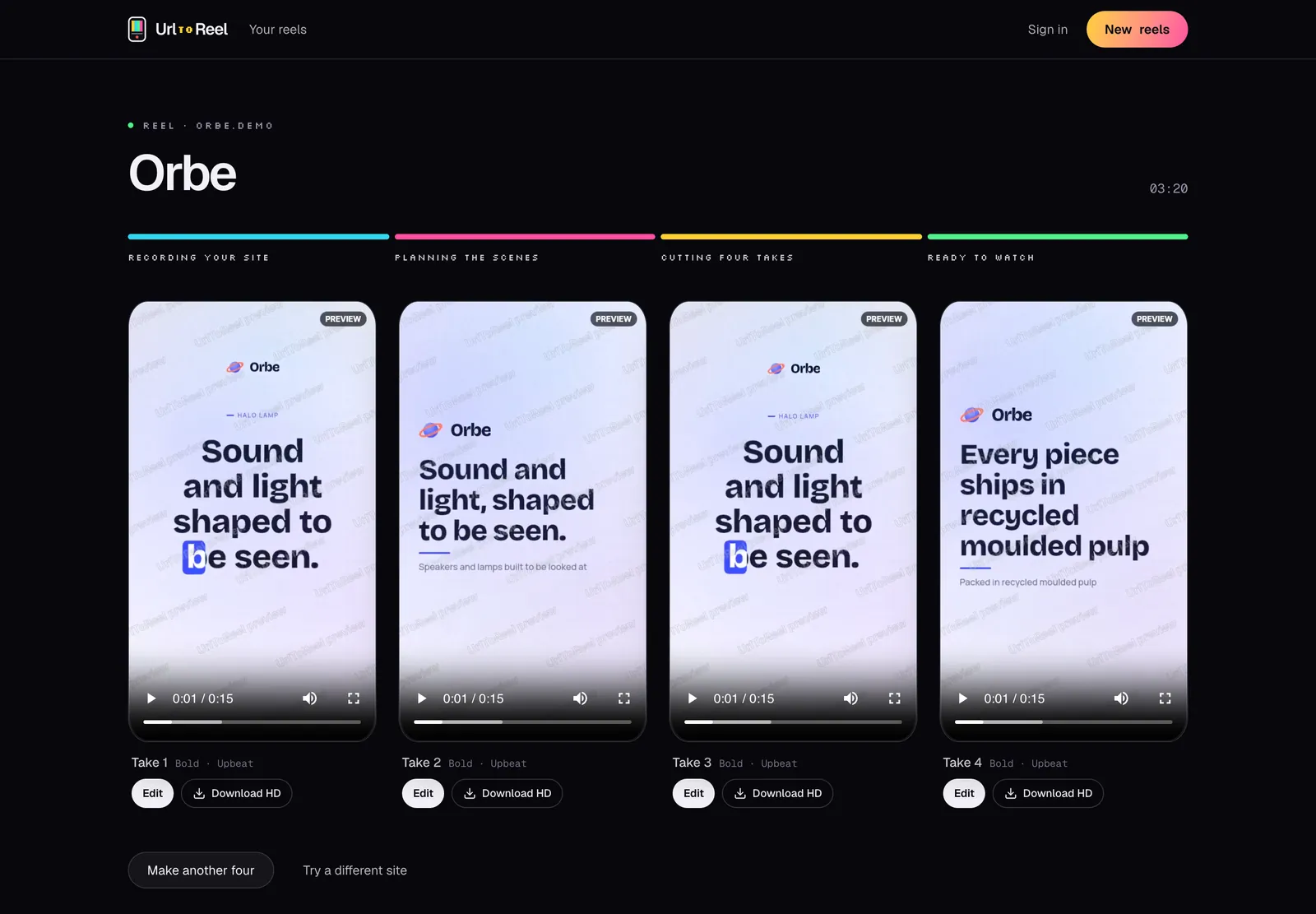 4 Instagram reels made from the Orbe speaker store demo site, shown side by side in UrlToReel