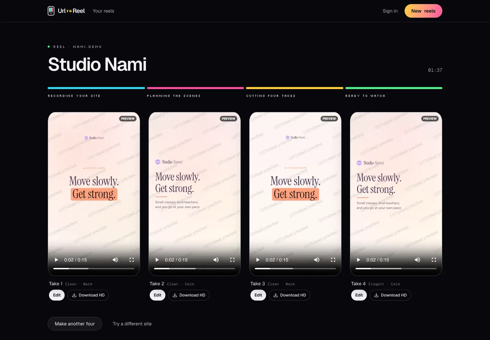 4 vertical videos made from the Studio Nami pilates demo site, opening on Move slowly. Get strong.